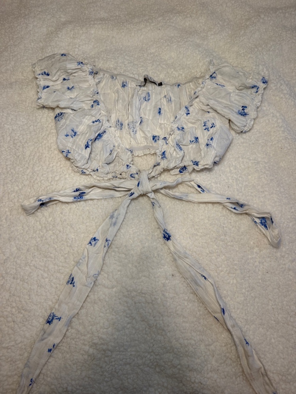 Stella Laguna Beach White Crop Top with Blue Floral Tie